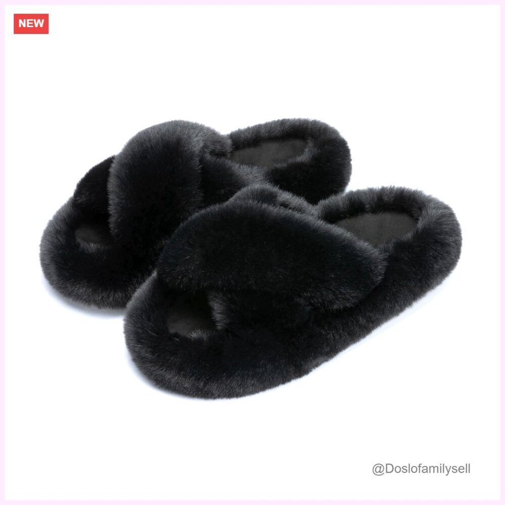 Memory Foam Faux Fur Lined Open Toe Slippers Size 12